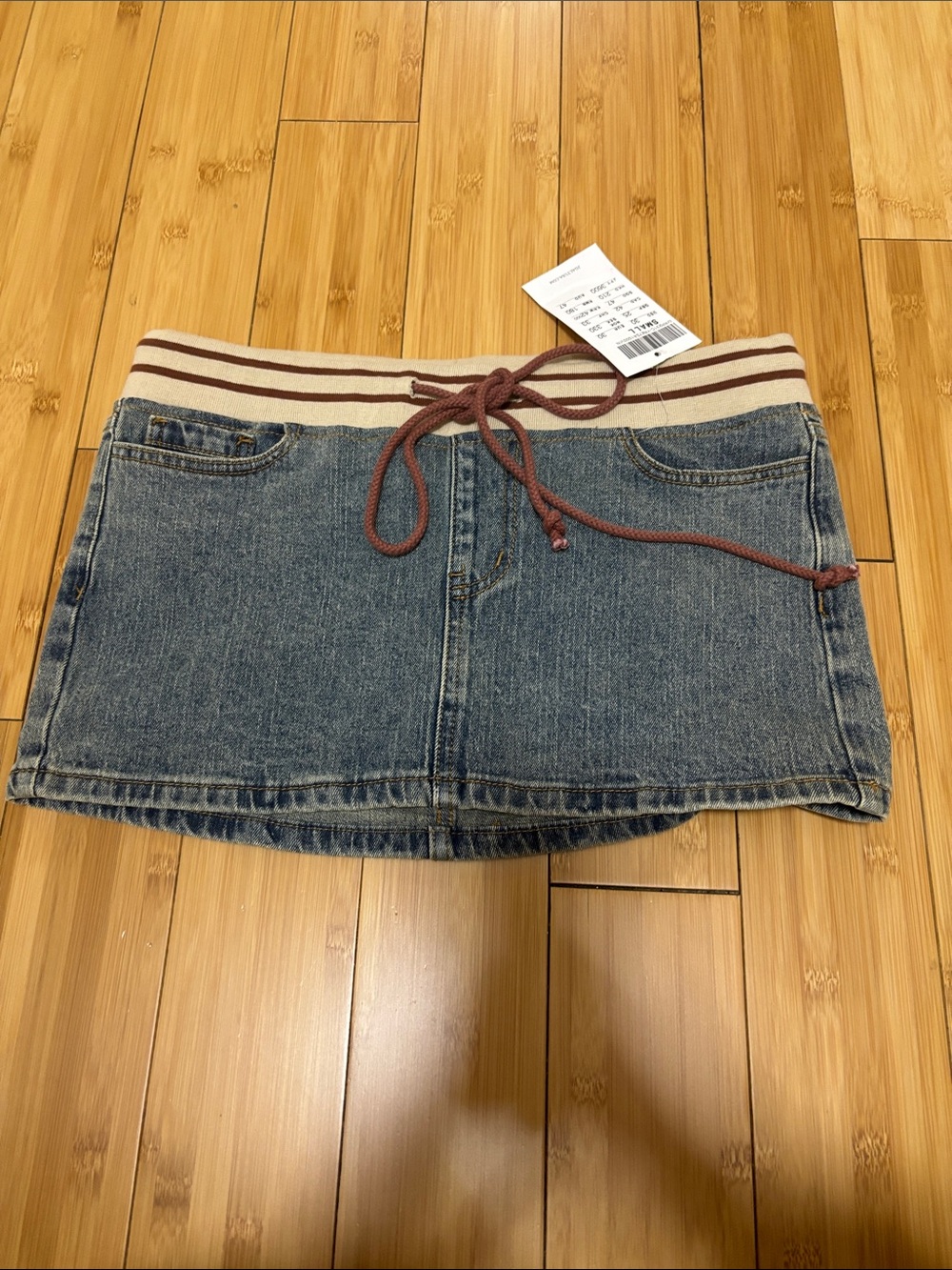 Brandy Melville Blue Denim Mini Skirt with Cream Stripe Waistband